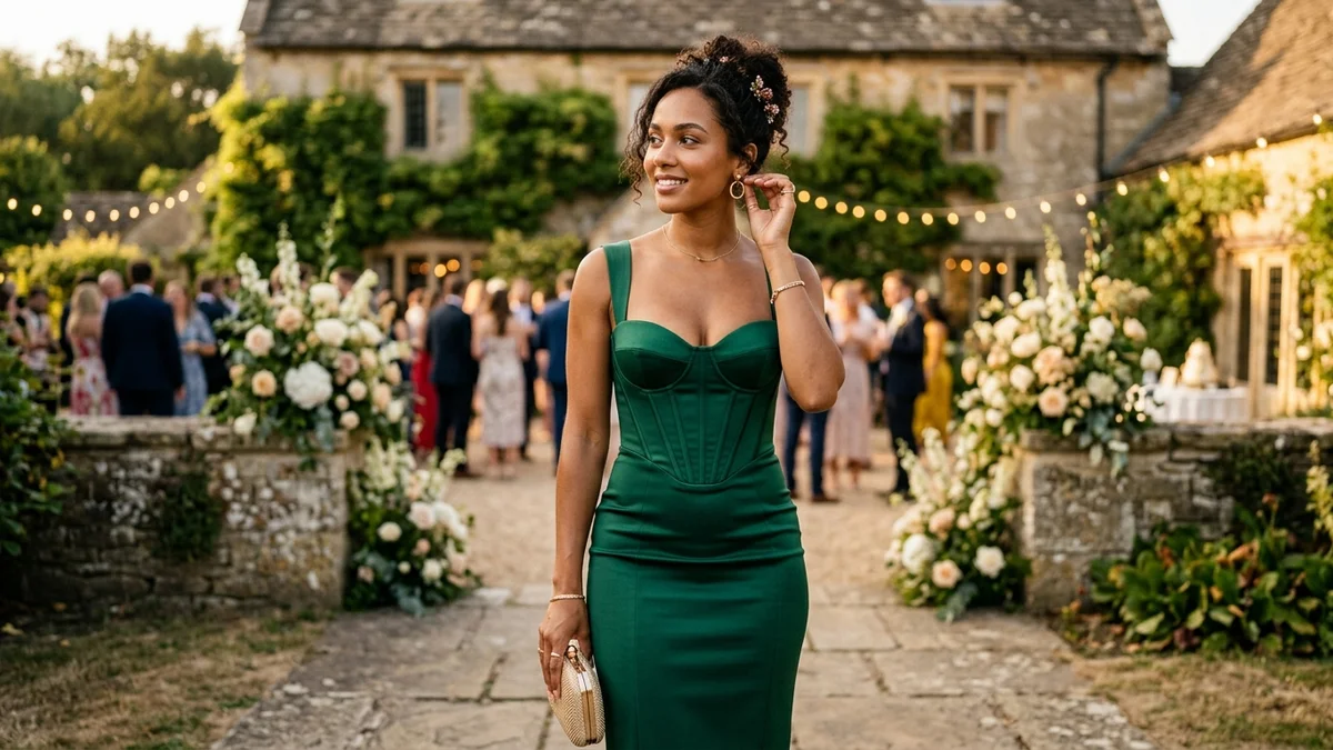Wedding guest in a structured corset midi dress standing in warm evening light outside a reception venue