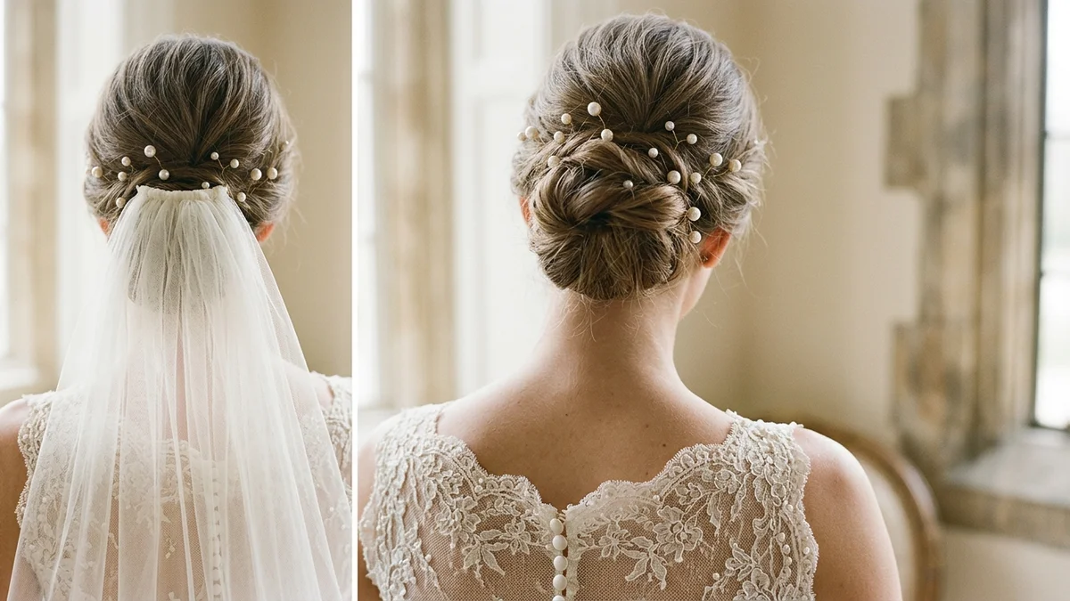 Back of a bride's low chignon dressed with pearl pins, veil comb set just underneath so the tulle falls over the bun